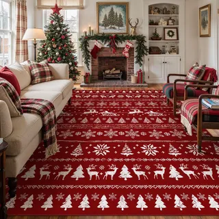 PureCozy groß Wohnzimmer Teppich Weihnachtsteppich, 240x300 cm Weihnachtsmann Elch Waschbar Rutschfest Weihnachtsdeko Carpet für Schlafzimmer KüChe Esszimmer BüRo, XXL Innen Roter Weicher Kurzflor Rug