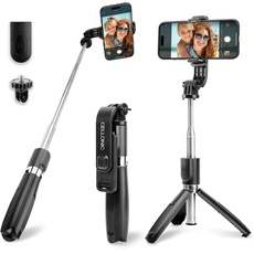 CELLONIC 2-in-1 Selfie-Stick und Stativ–1m langer ausziehbarer Selfie Stick & klappbares Dreibeinstativ mit Bluetooth Fernbedienung für Handy und Kamera kompatibel mit iPhone,GoPro,Android & weiteren