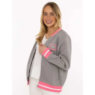 Sweatjacke ZWILLINGSHERZ "College", Damen, Gr. L/XL, mittelgrau, Sweatware, Obermaterial: 50% Baumwolle, 50% Polyester, Sweatjacken Sweatjacke, Reißverschluss, gestreiften Rippbündchen, Eingriffstaschen, Stickerei