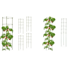 Relaxdays Rankhilfe, 5er Set & Rankhilfe, 2er Set, Tomatensäule für Garten & Balkon, 150 cm, je 5 Ringe, Pflanzstäbe Eisen & Kunststoff, grün