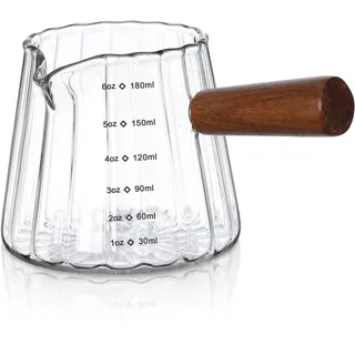 Joeyan 180ml Espresso Messbecher Glas mit Holzgriff, Transparent Doppel-Ausgießer Dreifachkrug Messgläser for Kaffee Milch, Borosilikatglas Measuring Cup mit Skala, Mini Espressotasse, Barista Zubehör