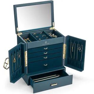 VLANDO Schmuckkasten Groß, Vintage Schmuckkästchen 6 Ebenen, Schmuck Organizers Groß XXL mit Spiegel, Schubladen, Schmuckaufbewahrung Damen, Schmuckschatulle für Ohrring, Ketten, Uhren