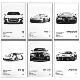 YHNDECO 6 Stück Auto Poster, 20 x 30 cm Wandposter, Sportwagen Poster, Ohne Rahmen, Wanddekoration für Schlafzimmer Büro