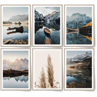 BLCKART Infinity Dreamy Mountains Bilder Set Stilvolle Beidseitige Schilf Poster Berge Wohnzimmer Skandinavische Deko (M | 6x A4 | 21 x 29,7 cm | ohne Rahmen, DREAMY MOUNTAINS | PAMPAS)