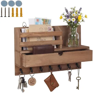 Relaxdays Schlüsselbrett, Schublade & Ablage, Schlüsselorganizer Wand, 7 Haken für Flur, HBT: 22x34x10 cm, Holz, braun