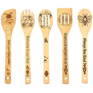 Xanewza Set mit 5 Holzlöffeln für die Küche, Löffel aus Holz, Geschenke zum Kochen, Zubehör für Küchenutensilien mit graviertem Bienen-Motiv, Küche, Küchengeschenke, XZ-FR-038