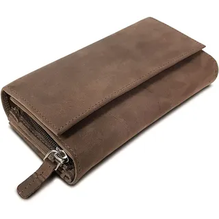ROYALZ 'Orelia' Vintage Leder Geldbörse für Damen Portemonnaie groß mit vielen Fächern RFID-Blocker Brieftasche Querformat, Farbe:Montana Braun