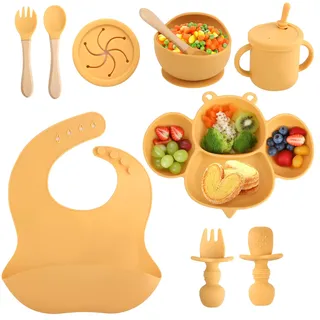 Silikon Baby Geschirrset,Rutschfest Kindergeschirr Set mit Saugnapf,8-teiliges Geschirrset Baby:Baby teller,Kinderteller mit Saugnapf,Silikonbecher, Löffel, Gabel, Lätzchen, Trinkbecher,Gelb