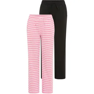 Jerseyhose H.I.S "2er Pack Wirkhosen 1x uni + 1x geringelt, für Mädchen", Mädchen, Gr. 134, N-Gr, schwarz, pink geringelt, Single Jersey, Obermaterial: 100% Baumwolle, geringelt, unifarben, Basic, Hosen Jerseyhose, gerade Beinform, mit Gummizug am Bund, mit Logodruck als Applikation