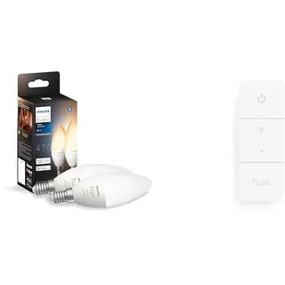 Philips Hue White Ambiance E14 LED Lampe Doppelpack, alle Weißschattierungen, kompatibel mit Amazon Alexa (Echo, Echo Dot) + Wireless Dimming Schalter, komfortabel dimmen ohne Installation