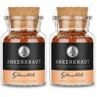 Ankerkraut Schaschlik, Marinade für Fleischspieß, Rind-, Lamm- und Schweinefleisch würzen, Grill oder Pfanne braten, Gemüse-Spieß, 70 g im Korkenglas (Packung mit 2)