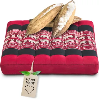 livasia Sitzkissen klein - 35x35x6cm - Bodenkissen Indoor/Outdoor, Meditationskissen Yogakissen, Stuhlauflage Palettenmöbel, Steppkissen Auflage Stuhl Bank handgefertigt (Rot/Elefanten)