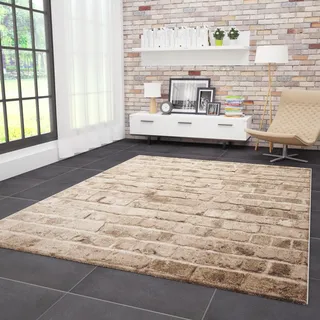 Vimoda Moderner Teppich Stein Optik Mauer Muster Strapazierfähig in Braun, Maße:80 x 150 cm