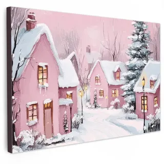 MuchoWow Leinwandbild Weihnachtsdorf - Rosa - Winter - Schnee - Häuser Wanddeko 90x60 cm , Altrosa , Textil , Kiefer , Rechteckig , 90x60 cm , FSC 100% , gerahmt , Bilder & Rahmen, Bilder, Leinwandbilder
