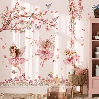 WandSticker4U®- [Extra groß] Wandtattoo FEE mit Kirschblüten Baum in Rosa (115x95 cm) I Wandtattoo Kinderzimmer Mädchen Feen Elfen Blumen I Wandsticker Kinderzimmer Deko Mädchen Prinzessin