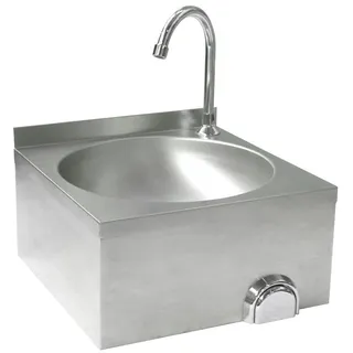 HENDI Waschbecken, mit Kniebedienung, inkl. Anschlussmaterial, Wandhalterung, Spülengröße: ø350x(H)123mm, Spülbecken, Handwaschbecken, Hängewaschbecken, 400x428x(H)406mm, Edelstahl