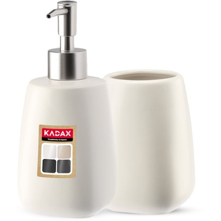 KADAX 2-teiliges Badezimmer Set aus Keramik, Badaccessoires, Badzubehör, Seifenspender, Badezimmerbecher, Seifenschale und WC-Bürste (Becher&Spender Weiß)