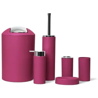 6tlg Badset Badezimmer Zubehör Set Organizer: Seifenspender, Zahnputzbecher, Kosmetikeimer, WC Bürste und Halter, Seifenschale, Mülleimer, Zahnbürstenhalter, Badgarnitur (Magenta Design 2a)