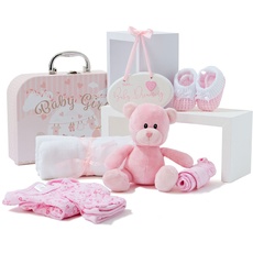 Baby Box Shop Baby Shower Geschenk - 9 Baby Essentials für Neugeborene - Geschenkset Baby Mädchen, Geschenk Für Neugeborene Mädchen - Baby Geschenk Mädchen - Newborn Baby Girl Gift Set - Rosa