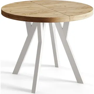 alpi meble Runder Esszimmertisch OVO, ausziehbarer Tisch Durchmesser: 80 cm bis 130 cm Wohnzimmertisch Farbe: Craft mit stabile Beine in Farbe Weiß - Naturbelassen/Weiß