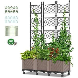 SUNYRISY Hochbeet mit Rankgitter, Blumenkasten mit Rankhilfe und Rollenrad, 3 Stück Garten Planter Box mit Rädern und Trellis, Selbstbewässerung Pflanzkasten Pflanzkübel für Anbau Kletterpflanzen
