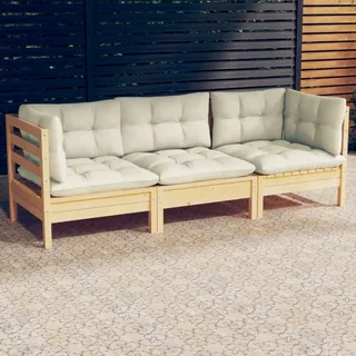 The Living Store 3-Sitzer-Gartensofa mit Creme Kissen Massivholz Kiefer - Creme