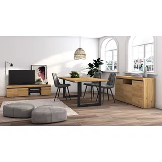 Skraut Home - Wohnzimmermöbel-Set | Tisch 200 U-Beine 10 Personen | Lowboard 160 | Sideboard/Buffetschrank 140 | Eiche und Schwarz | Industrieller Still