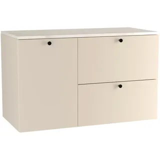 WENA Waschtischunterschrank 100 cm mit Wäschekorb, glatte Fronten, Griffe aus Metall in der Farbe Schwarz (Farbe: Kaschmir/Marmur Bianco) - Beige