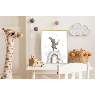 queence Bild mit Rahmen "Hase mit Blume" Bilder vom Sternenhimmel  Haustiere  Himmel  Himmelsbilder  Regenbogen  Schmetterlinge  Tiere  Wolken 1 Stk. tlg. HD Premium Posterdruck mit Echtholzrahmen, farbe rahmen: natur, braun, beige, farbe bild(er): grau
