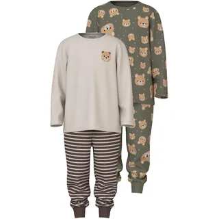 NAME IT Nightset Langarm-pyjama 2 Einheiten - Dusty Olive / Bear AOP and YD - 7-8 Jahre