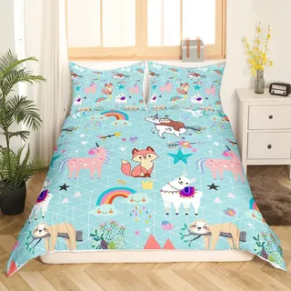 Kinder 135x200 Bettwäscheset Mädchen Alpaka Faultier Bettwäsche Jugendliche Fuchs Einhorn Bettwäscheset Jungs Schlafzimmer Dekor Karikatur Tier Bettbezug Set Regenbogen Schön 2St Weiche Mikrofaser