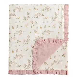 CREVENT Babydecke aus 100% Bio-Baumwolle Musselin 100x100cm (40''x40''), Neugeborenendecke Babyparty & Geburtstag - Blumenmuster mit Besatz