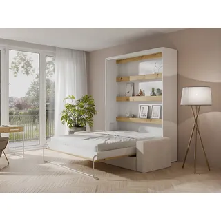 Schrankbett + Sofa + Matratze - 160 x 200 cm - Manuelle vertikale Öffnung - Mit LED-Beleuchtung - Weiß & Holzfarben - RAPILI