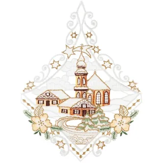 W. Reuter & Sohn - Plauener Spitze Fensterbild "Kirche" Made in Germany, braun, ecru, goldfarben