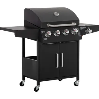 Mobiler Gasgrill BBQ mit 3 Brennern (je 3 kW) – Grillwagen mit Rädern, Grillnetz & Seitentischen, 132x55x109cm, für Garten & Terrasse - Schwarz