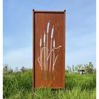 Edelrost Sichtschutz Schilf Motiv 162 cm x 53 cm Paravent zum Stecken Gartenstecker Edelrost Gartendeko Wetterfest Rost Metall Zaun Schilfrohr Rohrkolben