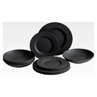 Rock Geschirrset, 12-teilig, Teller und Schüsseln, Schwarz matt, Premium Porzellan,  Germany