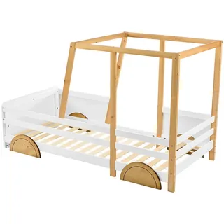 Okwish Autobett 90/200 cm Weiß + Natur aus Kiefer mit MDF-Rädern , Holz , 90x200 cm , Babymöbel & Kindermöbel, Kinderzimmer & Jugendzimmer, Kinderbetten, Spielbetten