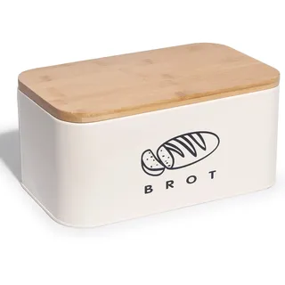 Theo&Cleo Brotkästen mit Deckel, Deckel aus Ökologisches Bambus, Kann als Schneidebrett, Geräumiger Retro Brotkasten aus Metall, Brot Lange Aufbewahren und Frisch Halten 30cm * 18cm * 14cm Beige