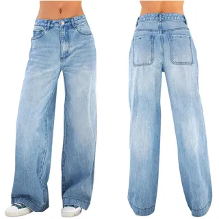 Outfit Damen Cargohose Jeans Yk2 Coole Hose Hiphop Gerades Bein Jeanshose Sommer Dünne Hüftjeans Hosen mit Löchern Relaxed Weites Schlaghosen Jeanshosen Mädchen Baggy Sommerjeans Hellblau, Dunkelblau