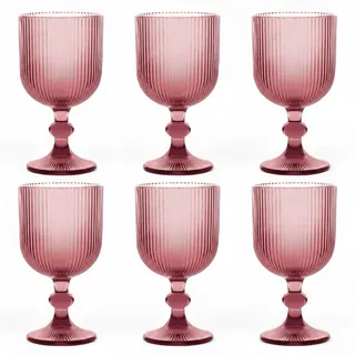 GMMH 6er-Set Geriffelte Trinkgläser und Weingläser, Line, Linie Geriffelt, Ribbed, Glas, Longdrinkgläser, Cocktail Gläser mit Prägung, Trinkglas, Weinglas, Wasserglas (Lila Weinglas)