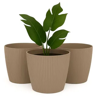 Home Garden Ornaments Blumentopf Set 3er – Kunststoff Übertopf, geriffeltes Design, modern & dekorativ, für Zimmerpflanzen (13,5 cm, Taupe)