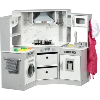 AIYAPLAY Kinderküche aus Holz, Spielzeug für Kinder, mit Soundeffekt, 17 Zubehörteile, Gemüse aus Kunststoff, Knöpfe und Lichter, Mütze, Schürze, Geschirrtuch, 3-6 Jahre, Grau Weiß