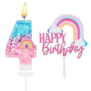 Geburtstagskerzen Zahlen 4,3D Regenbogen Kerzen Geburtstag,Kuchen Deko Geburtstag Mädchen,Tortendeko Regenbogen,Geburtstagskerzen Kinder für Geburtstags Party Dekoration