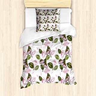 ABAKUHAUS Hawaii Bettbezug Set für Einzelbetten, Retro Blumen Illustration, Milbensicher Allergiker geeignet mit Kissenbezug, 135 cm x 200 cm - 80 x 80 cm, Getrocknete Rosen-Olivgrün
