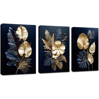 3 Pcs Leinwandbilder Bilder mit Rahmen Marineblau Gold Blumen Kokosnussblatt bild auf leinwand Wandkunst Wandbilder Kunstdruck Deko für Wohnzimmer Schlafzimmer fertig zum Aufhängen 90x40cm(30x40x3)