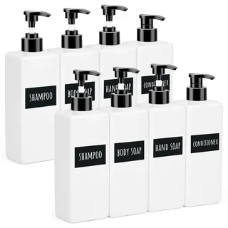 Segbeauty Shampoo Spender, 8 Stück 500ml Seifenspender Weiss, Shampoo Spender für Dusche, Seifenspender Plastik mit Wasserdichtes Etiketten, Küche Seifenspender Set