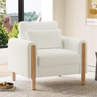 okwish Armlehnenstuhl Relaxsessel mit Weicher Polsterung,Bequemer Loungesessel mit Dickem Kissen,Weiß - Weiß
