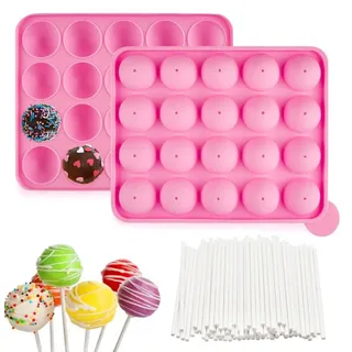 20 Loch Cake Pop Maker, Cake Pop form mit 100 Cake Pop Stiele, Cakepop Stiele Silikonform für Kuchen, Bonbons, Gelees und Pralinen