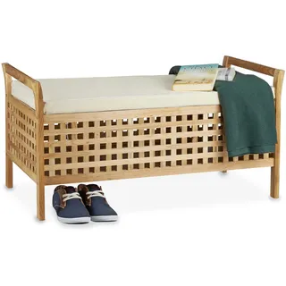 Relaxdays Sitzbank Walnuss mit Stauraum 46,5 x 92,6 x 49,0 cm Schuhtruhe aus Holz Sitzkommode mit Auflage aus Leinen, Dielenmöbel Truhenbank, natur weiß